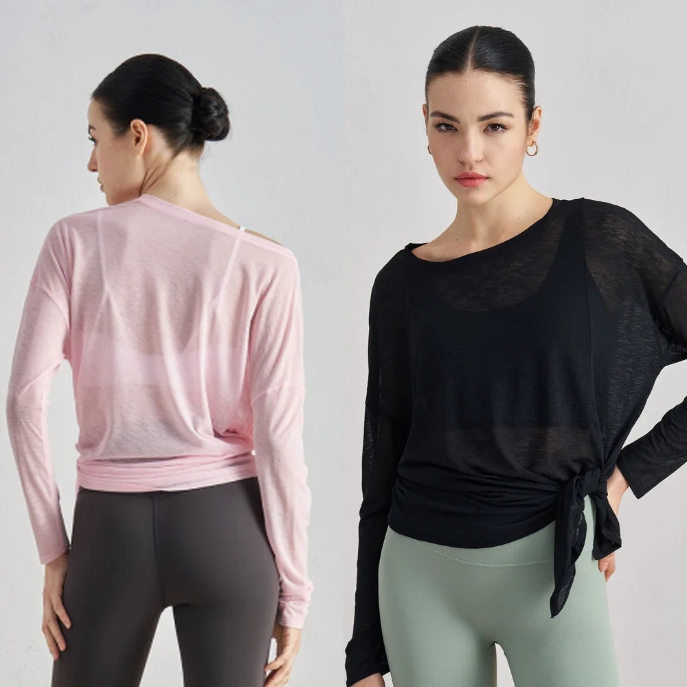Loose Fit Long Sleeve Yoga Top Sheer Mesh Cover up Side Tie Knot Workout Shirts Breathable Gym Wear Custom