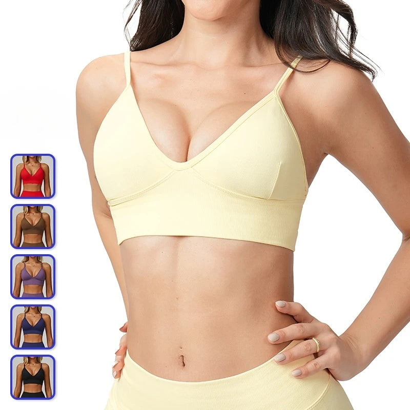 Yoga Bra Women Seamless Ribbed Sports Bra Spaghetti Strap V Neck Padded Gym Workout Crop Top Custom Logo Breathable