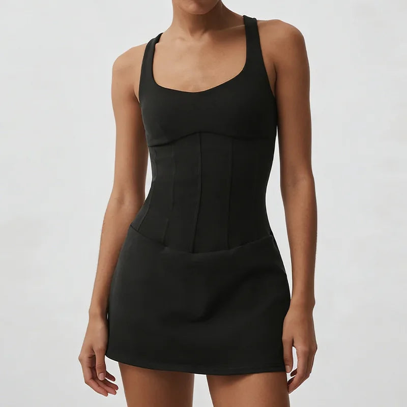Custom Logo Tennis Dress Women Corset Style Cross Back One Piece Yoga Golf Dress Gym Fitness Workout Activewear
