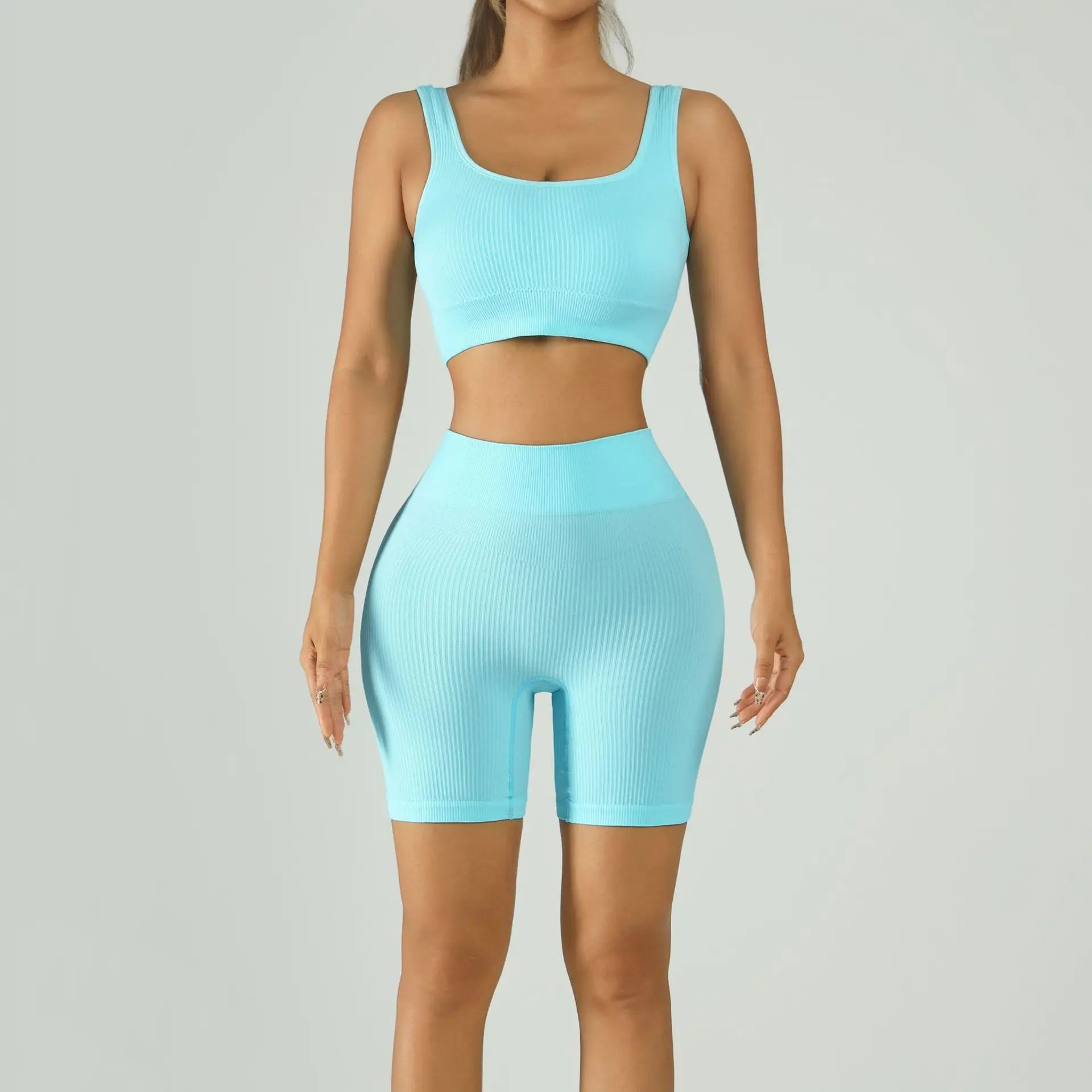 Ribbed Seamless Yoga Set Women U-Neck Sports Bra High Waist Biker Shorts 2 Piece Fitness Workout Set Wholesale