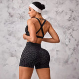 Butt Lifting Tummy Control Leopard Print Lightweight 2 Piece Women's Yoga Shorts Set Crisscross Back High Waist for Gym Workout