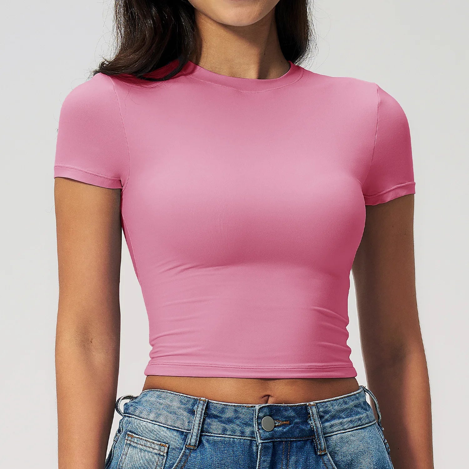 Custom Logo Women Crew Neck Yoga T Shirt Slim Fit Gym Crop Top Short Sleeve Workout Shirts Athletic Running Tee