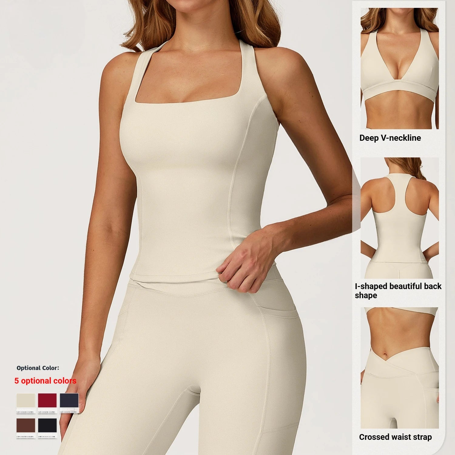 Women's Solid Athleisure 5-Piece Sports Bras+Gym Shorts+Yoga Leggings+Top Set Workout Clothes Sport Suit Front Logo