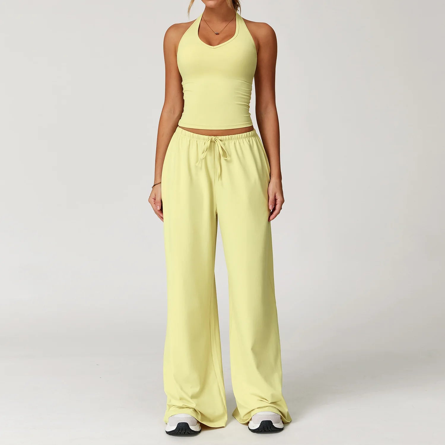 Women 3 Piece Solid Breathable Lounge Set Halter Crop Top Long Sleeve Wrap Cardigan Mid Waist Wide Leg Pants Tracksuit Custom