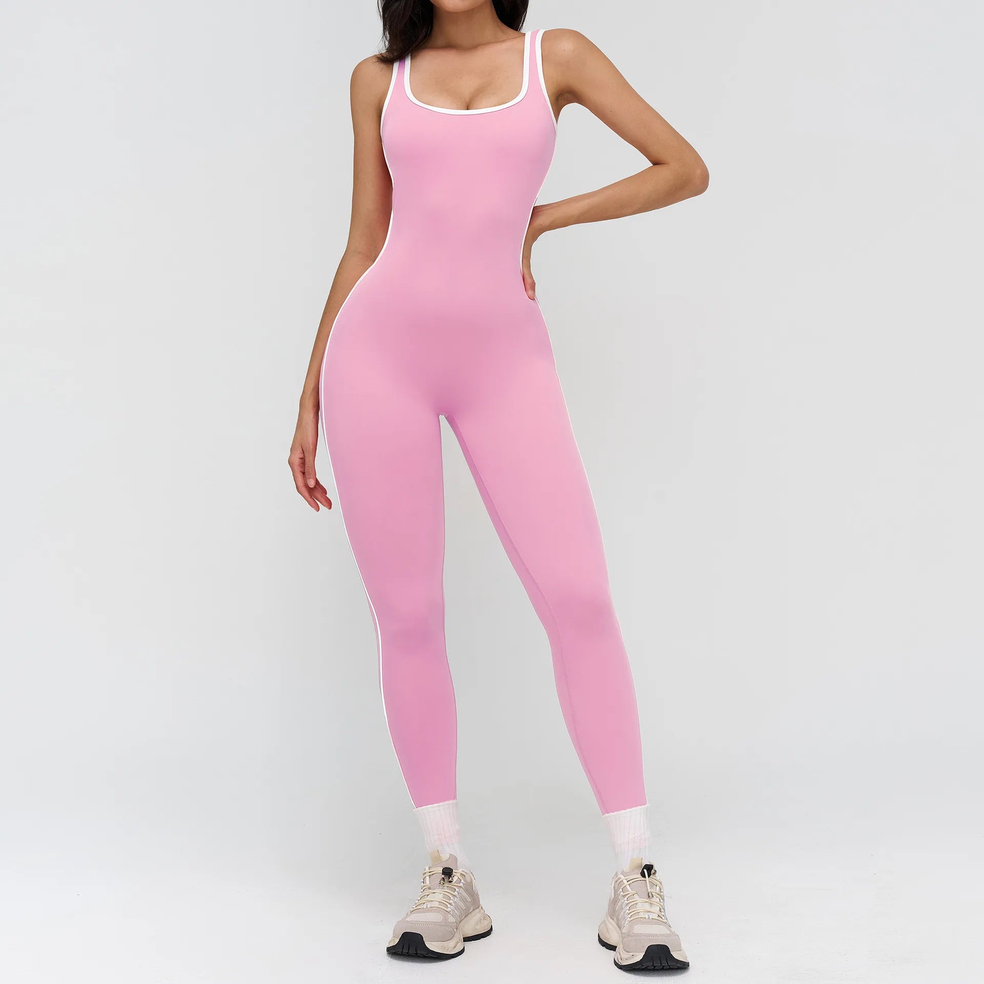 Custom Logo Yoga Bodysuit Yoga Jumpsuit Women Backless Contrast Trim One Piece Sleeveless Gym Fitness Workout Wear