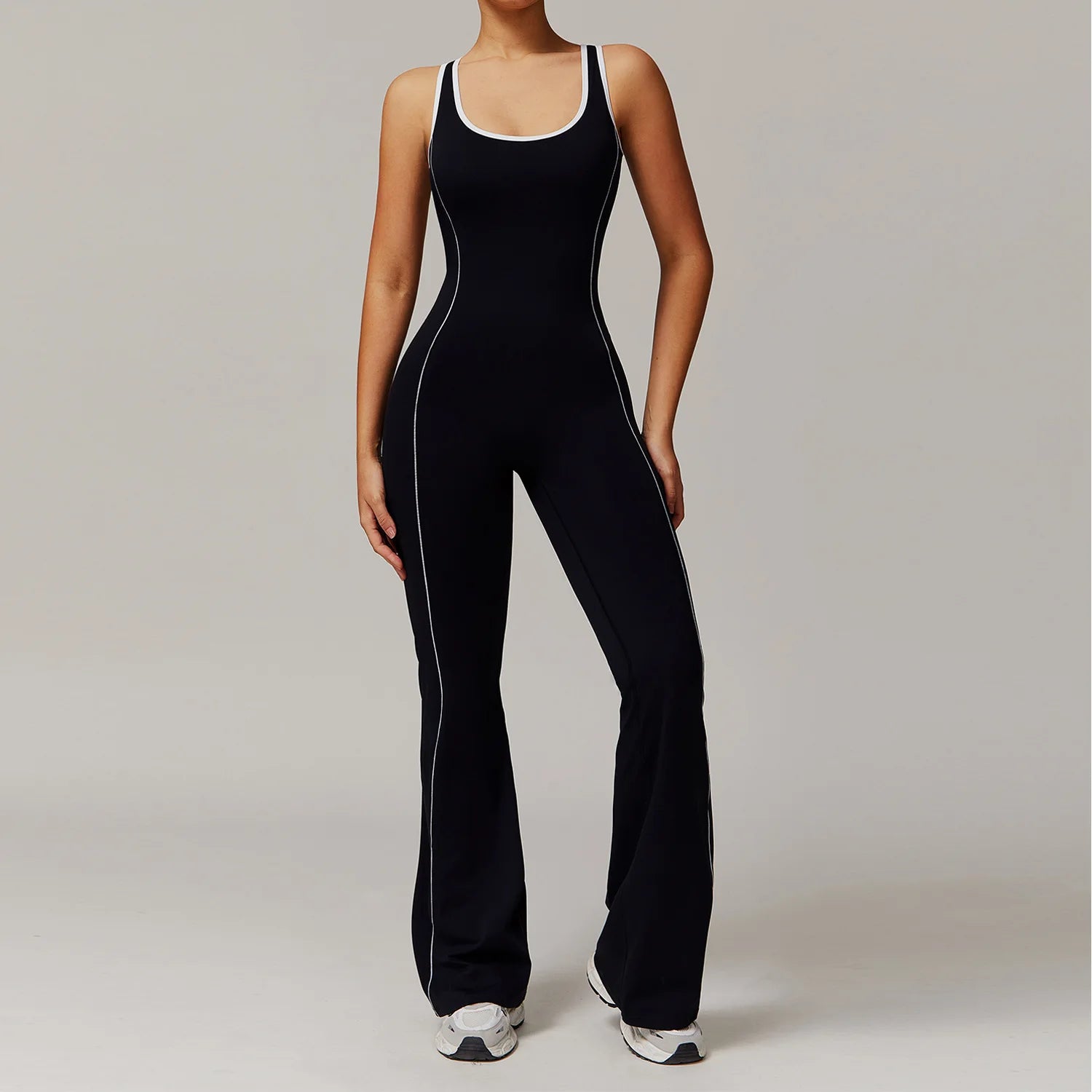 Women's Open Back Flared Yoga Jumpsuit Custom Logo Contrast Trim One Piece Padded Workout Gym Bodysuit Activewear