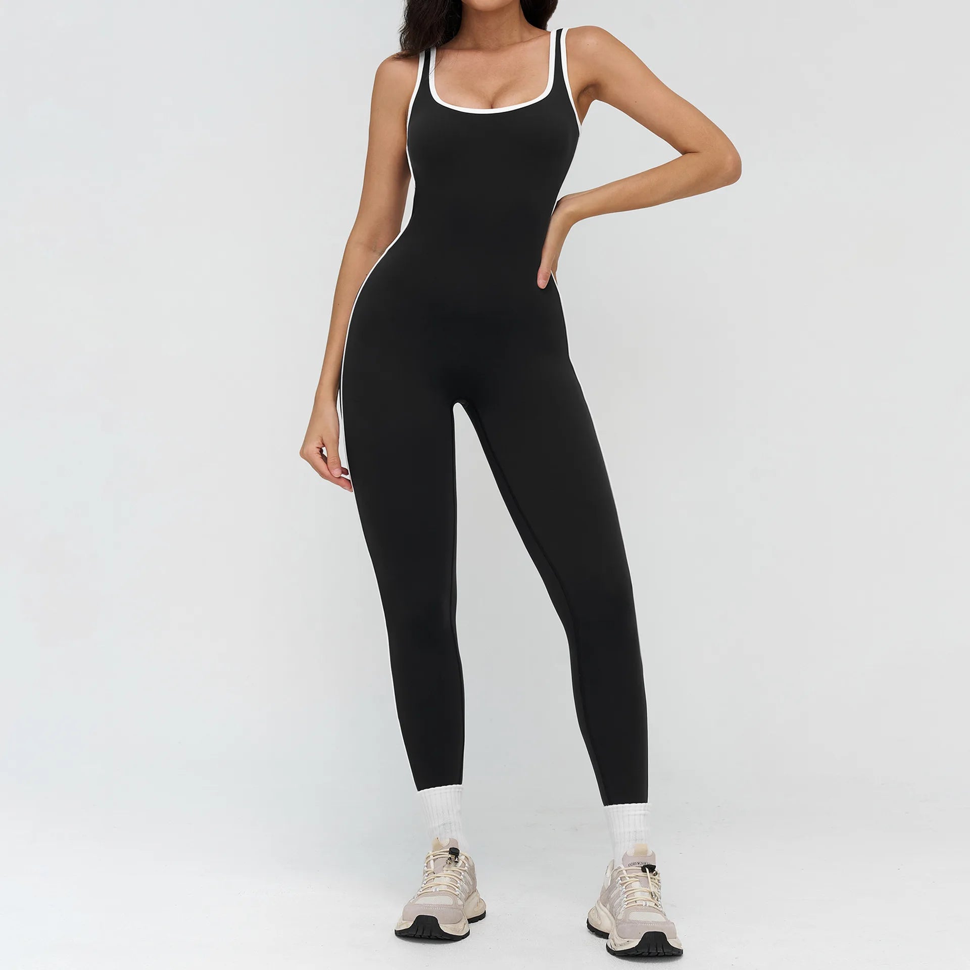 Custom Logo Yoga Bodysuit Yoga Jumpsuit Women Backless Contrast Trim One Piece Sleeveless Gym Fitness Workout Wear