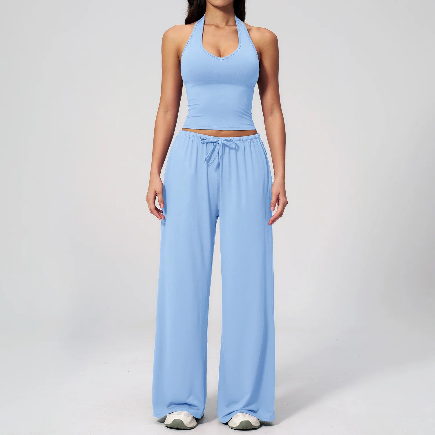 Women 3 Piece Solid Breathable Lounge Set Halter Crop Top Long Sleeve Wrap Cardigan Mid Waist Wide Leg Pants Tracksuit Custom
