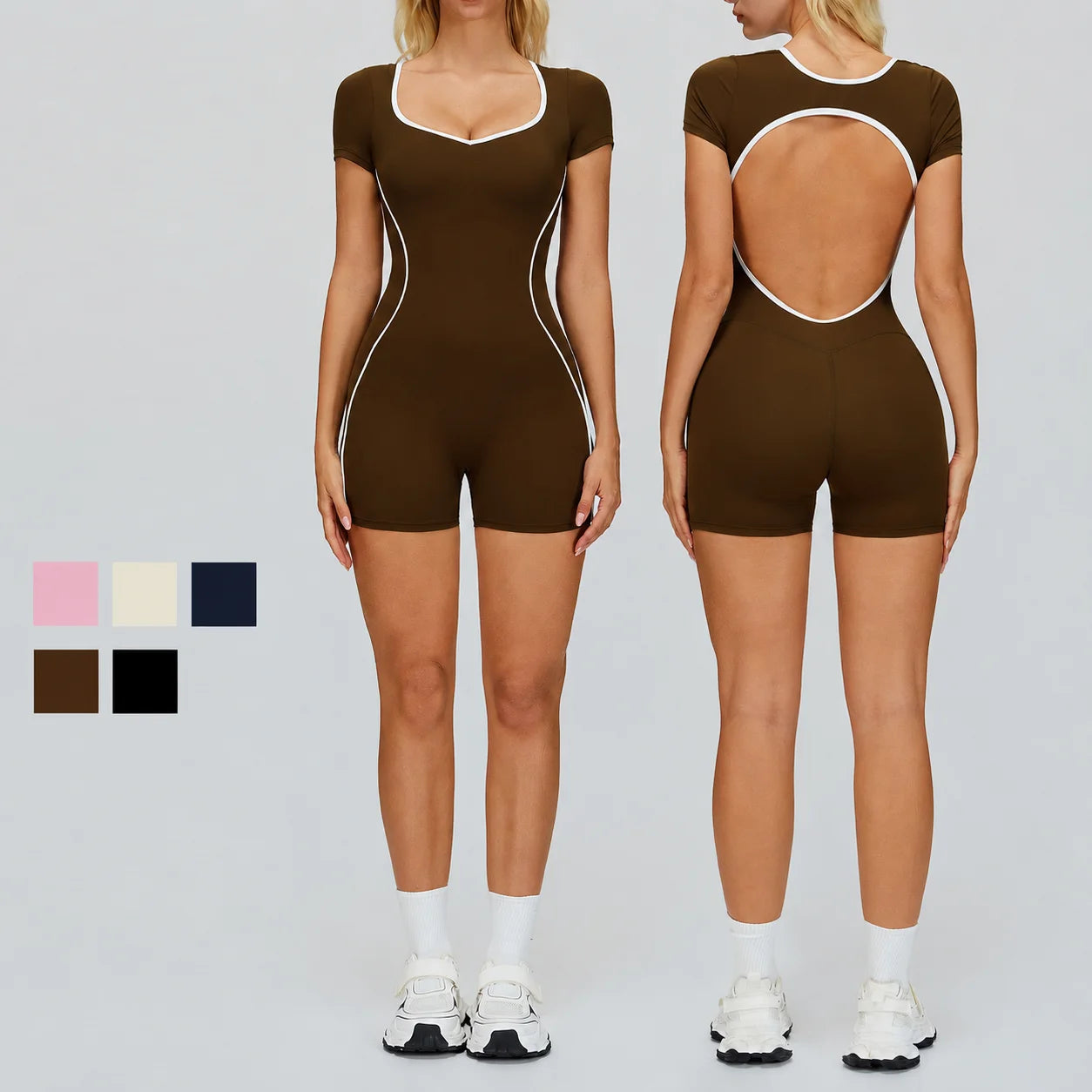 Custom Logo Yoga Bodysuit Workout Romper Backless Women One Piece Jumpsuit Contrast Trim Gym Fitness Wear Quick Dry