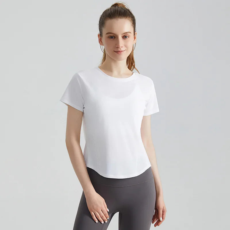 Custom Logo Women's Short Sleeve Gym T Shirt Curved Hem Loose Fit Workout Tops Quick Dry Breathable Running Yoga Tee