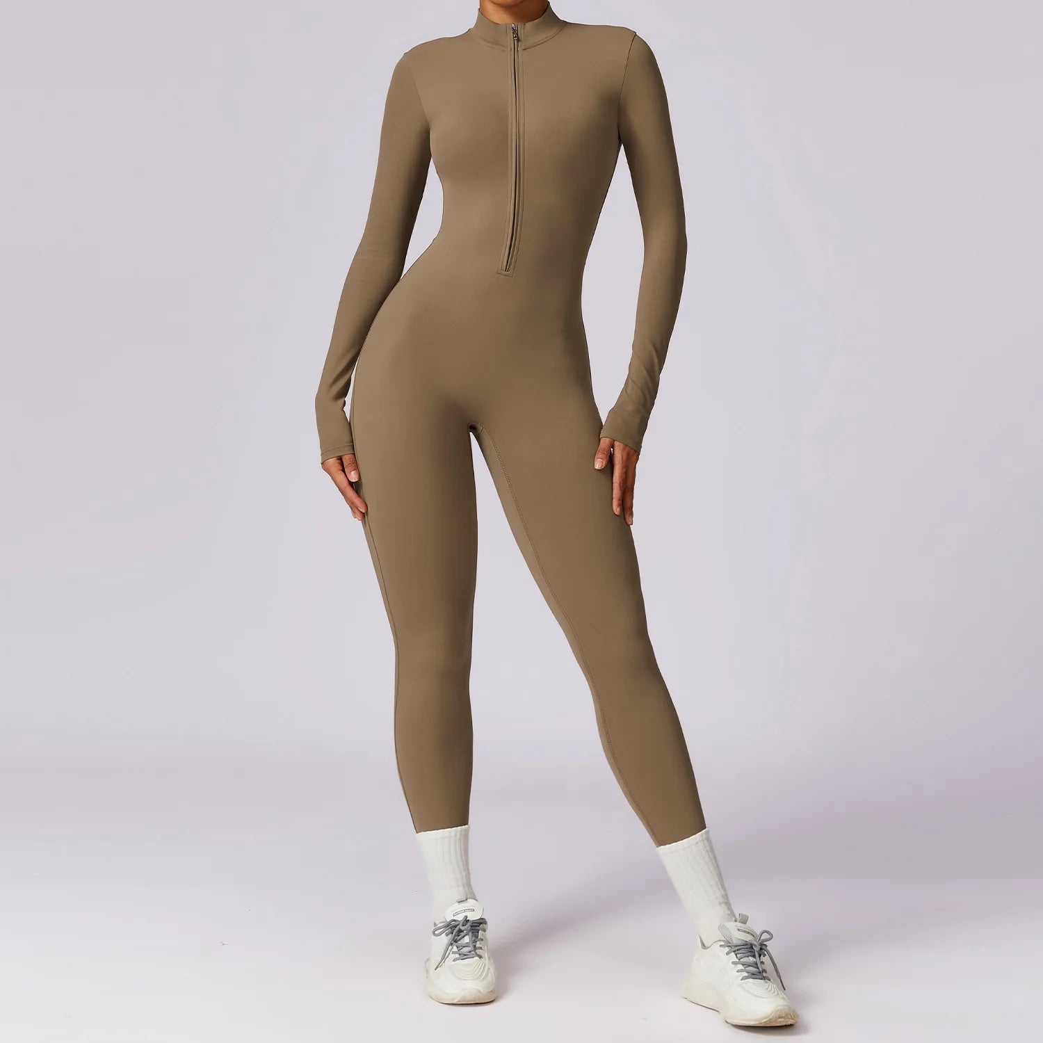 Women Front Zipper Yoga Jumpsuit  One Piece Unitard Gym Workout Bodycon Romper Athletic Wear Long Sleeve