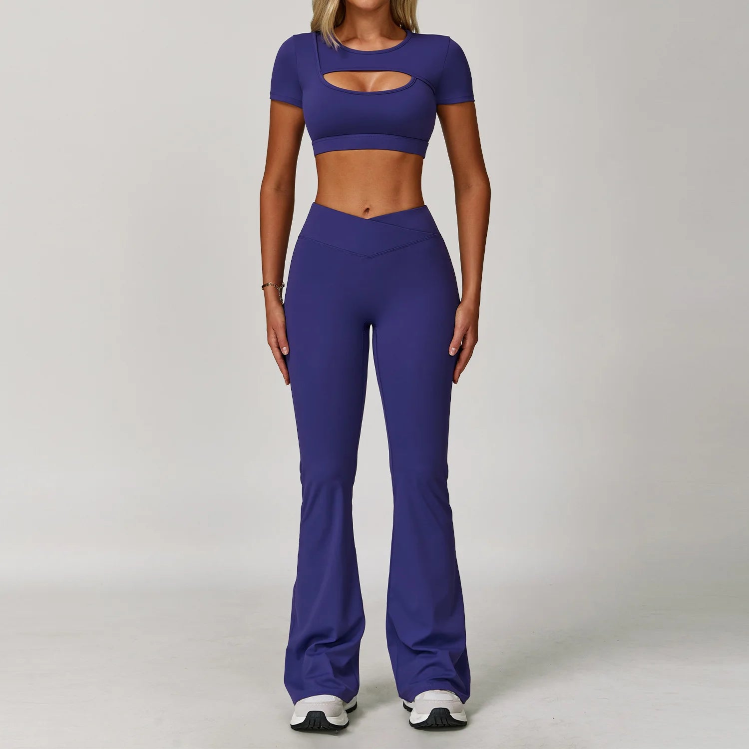 V Front Women's High Waist Breathable Solid 2026 2-pcs Active Wear Pink Yoga Flare Leggings Spandex/Nylon Elastic Waist Pink