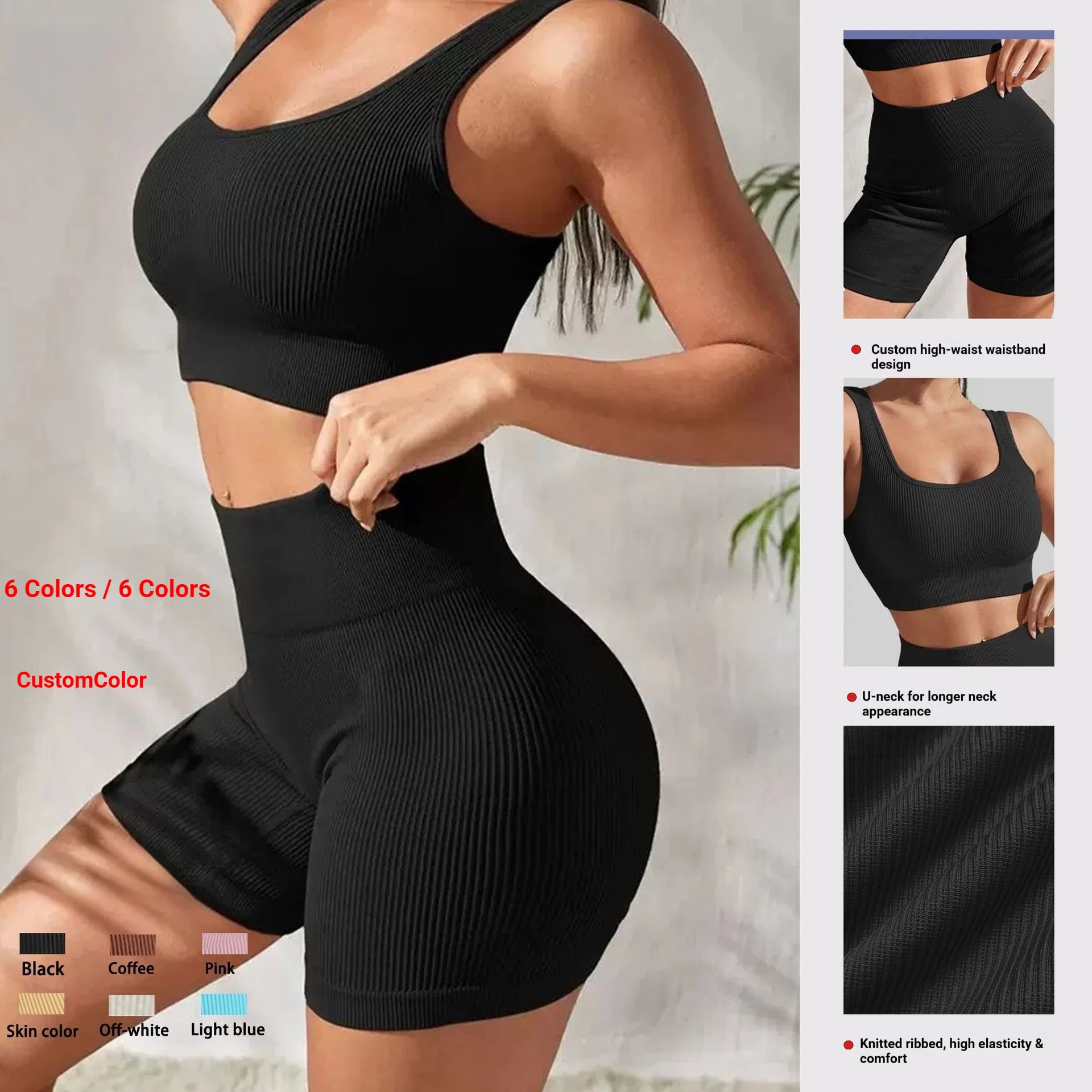 Ribbed Seamless Yoga Set Women U-Neck Sports Bra High Waist Biker Shorts 2 Piece Fitness Workout Set Wholesale