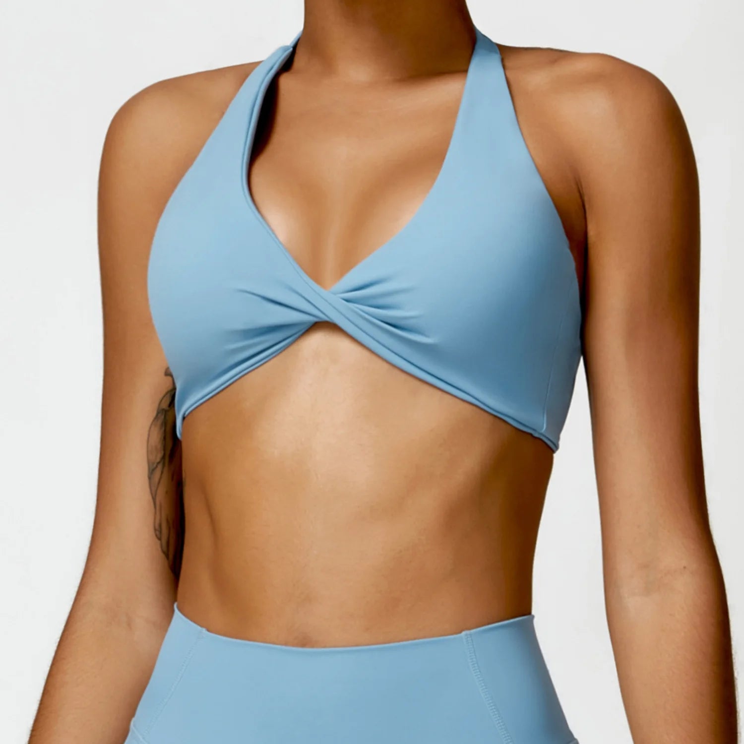 Halter Neck Twist Front Sports Bra Deep V Wireless Yoga Crop Top Removable Padded Gym Workout Bralette Women