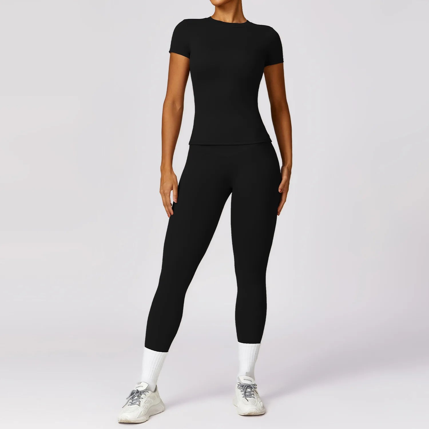 Seamless Solid Active Set Women 2 Piece Breathable Workout Outfits Short Sleeve T Shirt High Waisted Leggings Gym Yoga Set