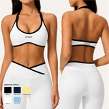Yoga Bra Color Block Halter Sports Bra OEM Custom Logo Contrast Binding Open Back Wireless Padded Gym Crop Top