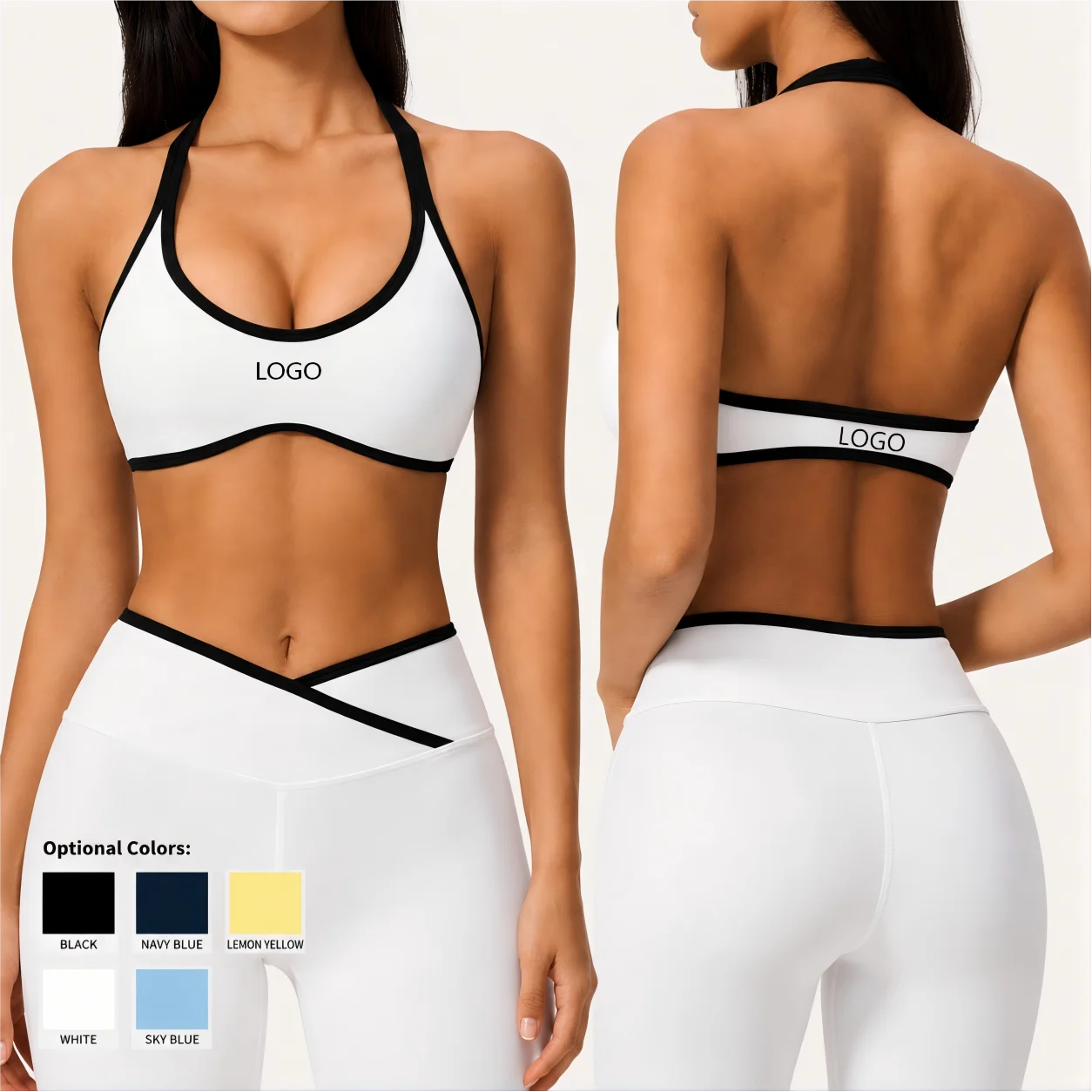 Yoga Bra Color Block Halter Sports Bra OEM Custom Logo Contrast Binding Open Back Wireless Padded Gym Crop Top