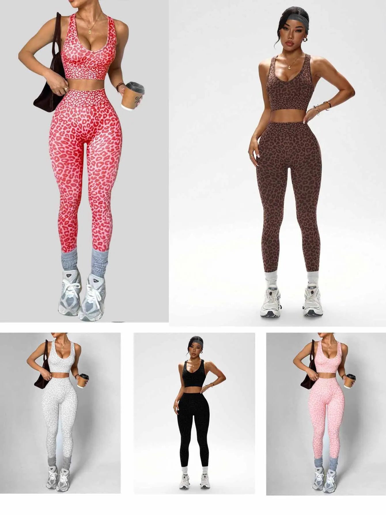 Women Leopard Cross Back Sleeveless Deep V Top and Light Weight Push Hip Leggings Yoga Set Quick Dry Fashion Yoga Set