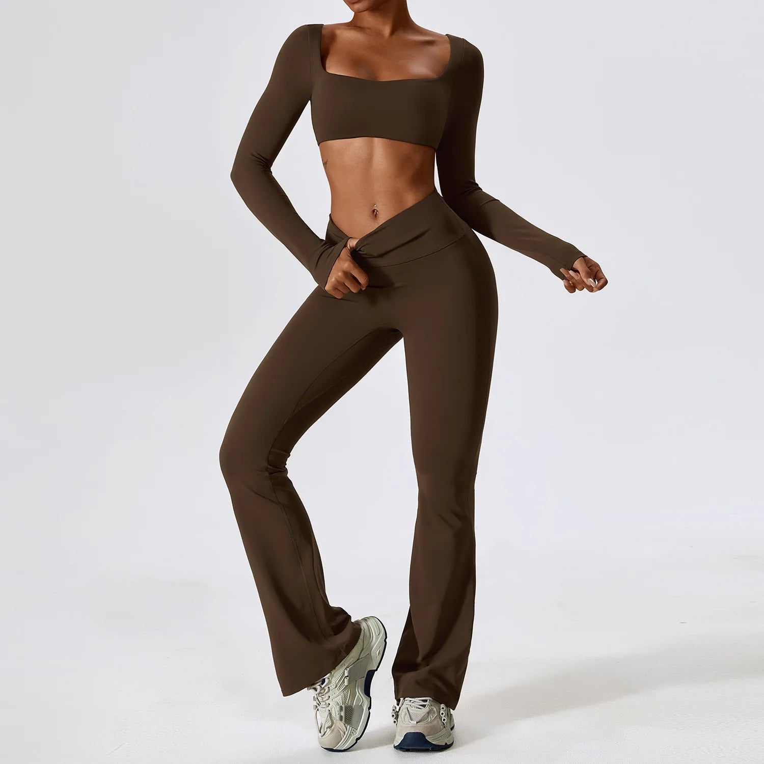 Breathable Women Running Yoga Wear Workout Long Sleeve T-Shirts Yoga Sports Crop Tops Flared Pants Bra Yoga Sets Custom