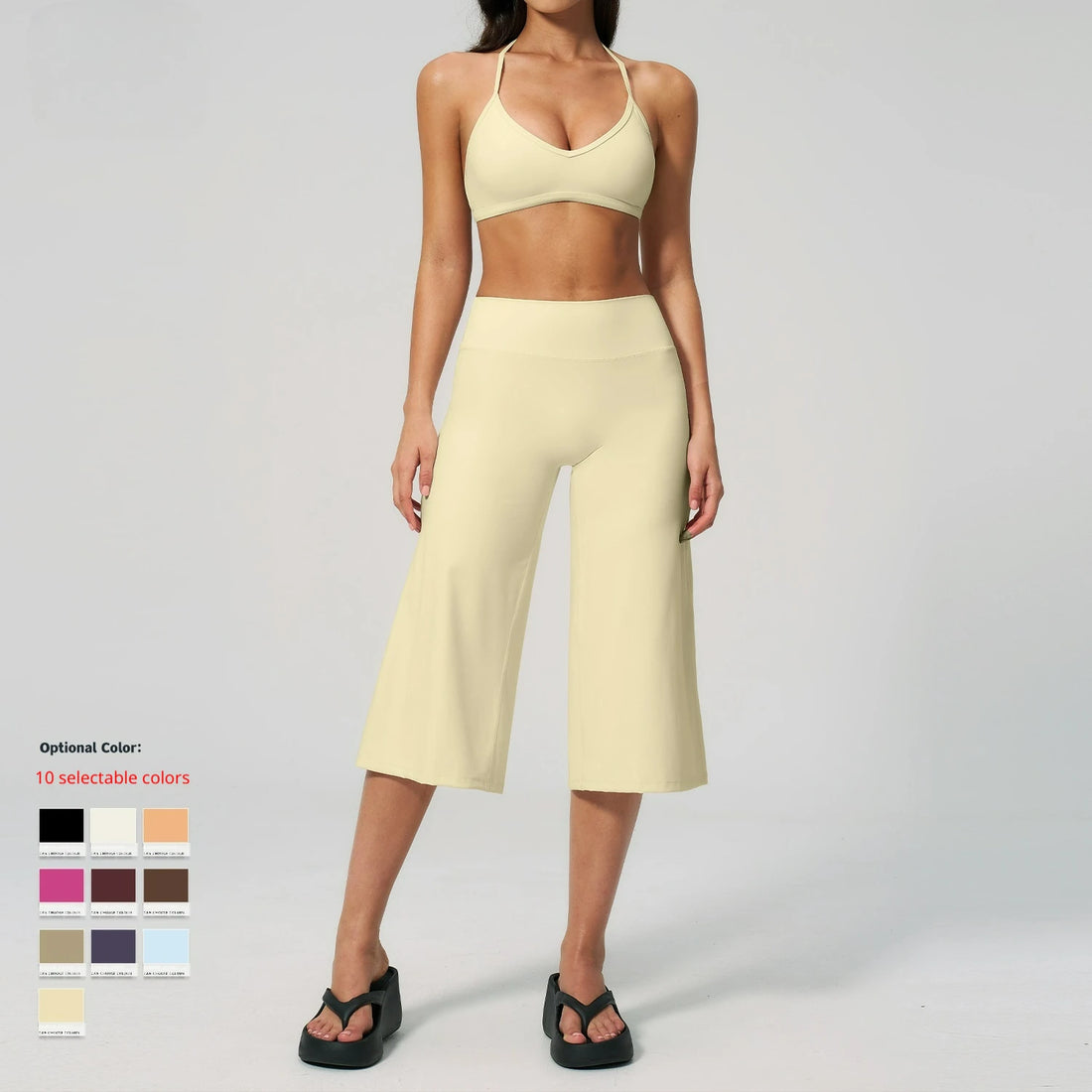 Summer Women Sports Gym Outdoor Bra Tight Fit Quick Dry Solid High-Waisted Capri Pants 2 Piece Yoga Clothes Set Activewear