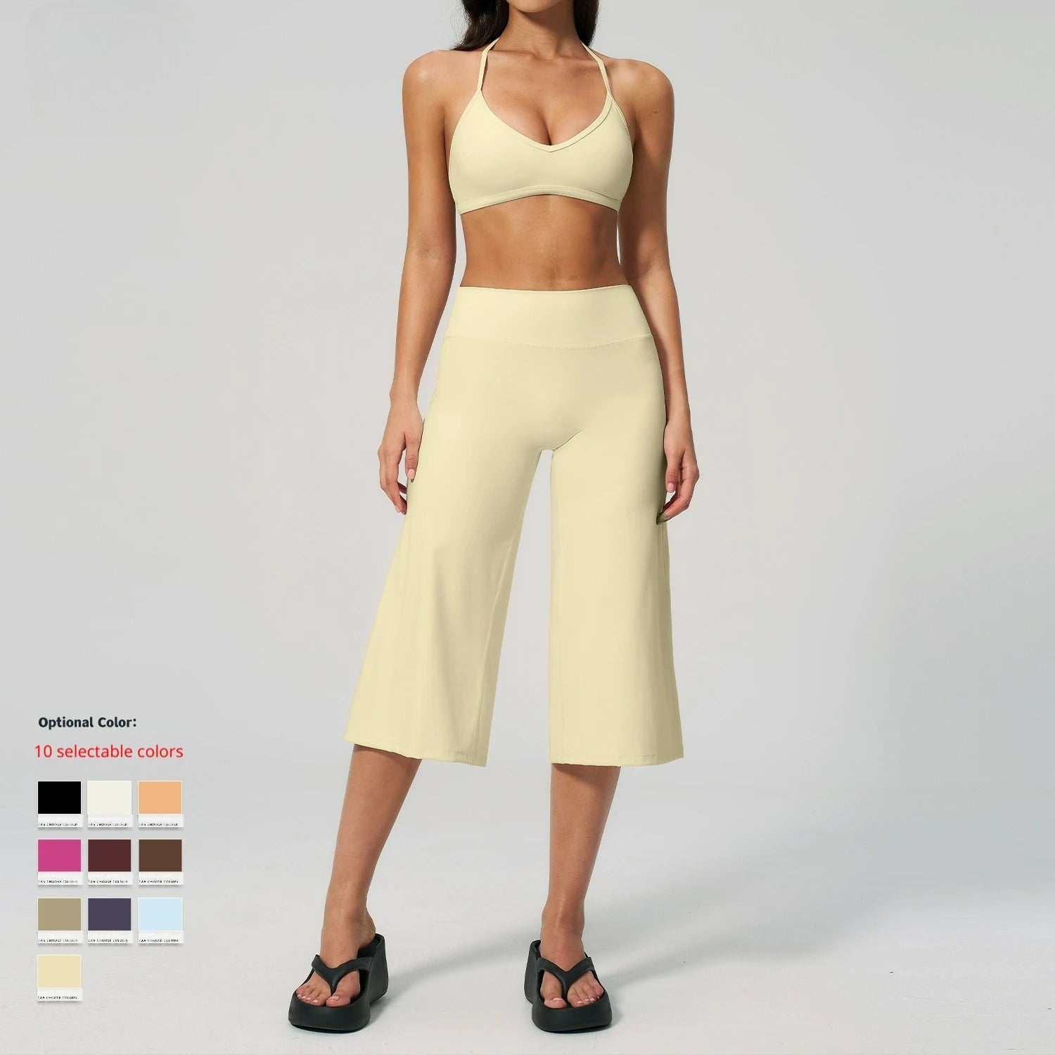 Summer Women Sports Gym Outdoor Bra Tight Fit Quick Dry Solid High-Waisted Capri Pants 2 Piece Yoga Clothes Set Activewear