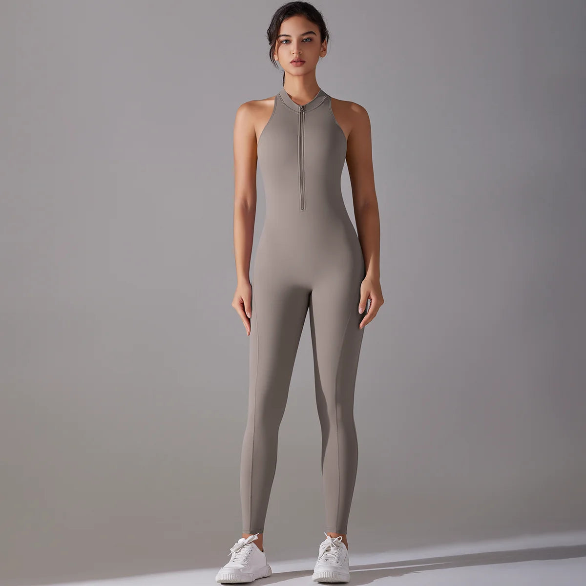 Custom Solid Nylon Gym Wear Sleeveless One Piece Jumpsuit Exercise Workout Zipper Ribbed Yoga Leggings Body Suit for Women