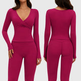 Women Crossover Wrap V Neck Long Sleeve Yoga Top Slim Fit Ruched Workout Shirt Gym Activewear Athletic Tee
