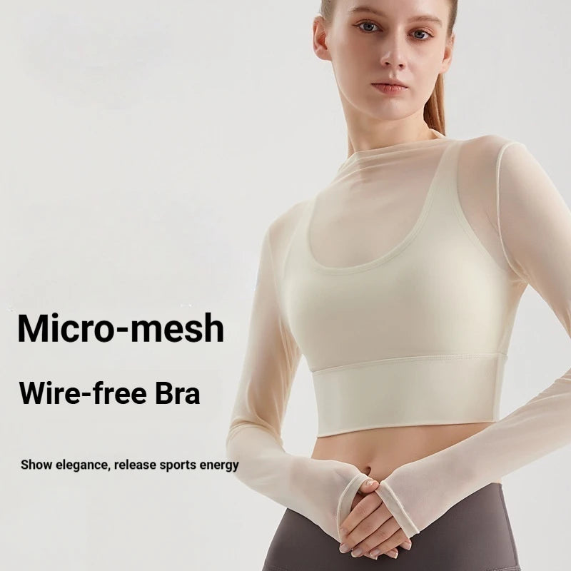 Women's Long Top Double Lined Sexy Sheer Mesh Compression Quick Dry Spandex/Nylon Athletic Workout Yoga Clothing