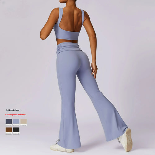 Custom Gym Sport Wear Clothes Solid Front Open Back Workout Vest Yoga Flares Leggings Pants Fitness Wear Yoga Sets for Women