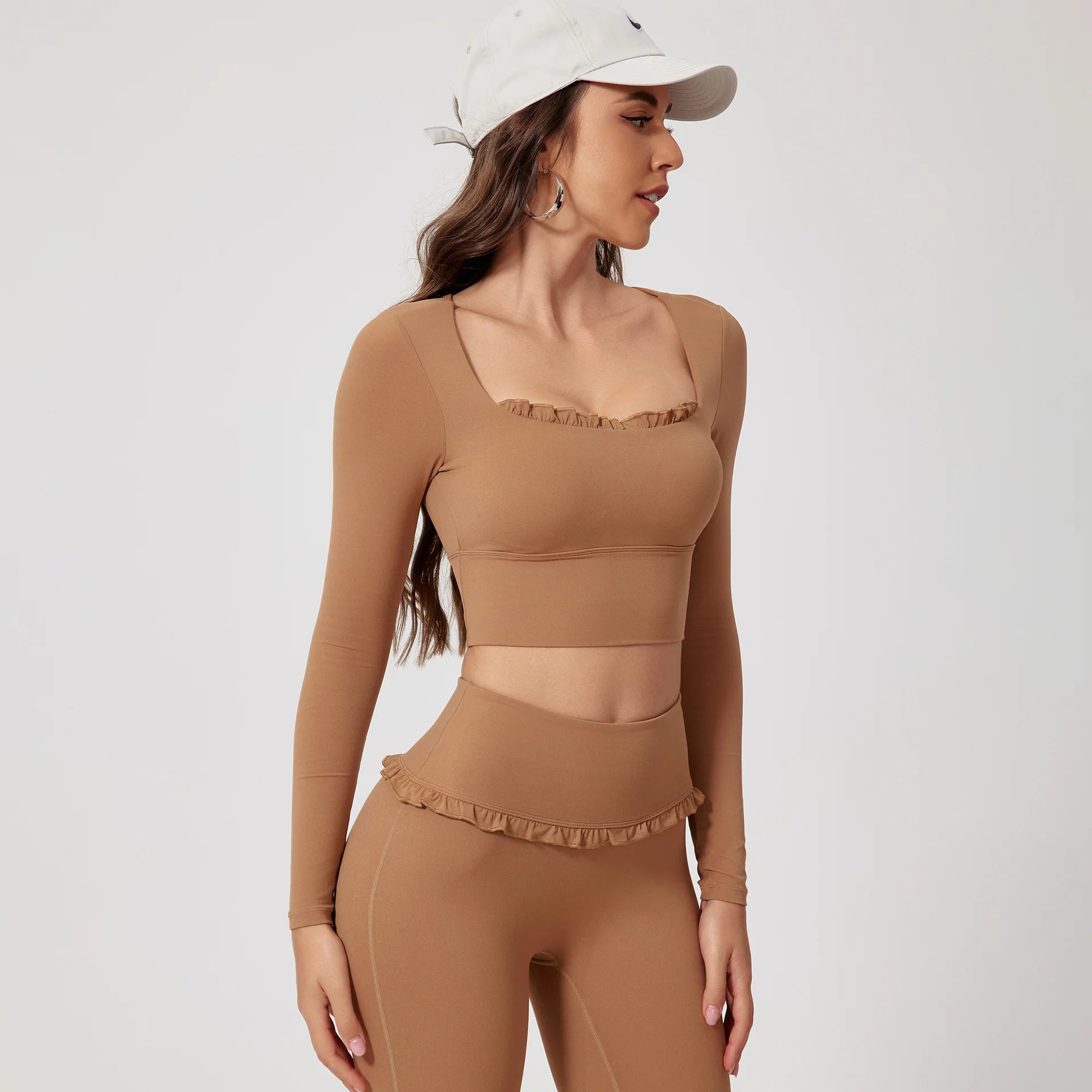 Custom Logo Yoga Long Sleeve Top Ruffle Trim Sports Crop Top Women Balletcore Fitness Shirt Gym Workout Wear Quick Dry