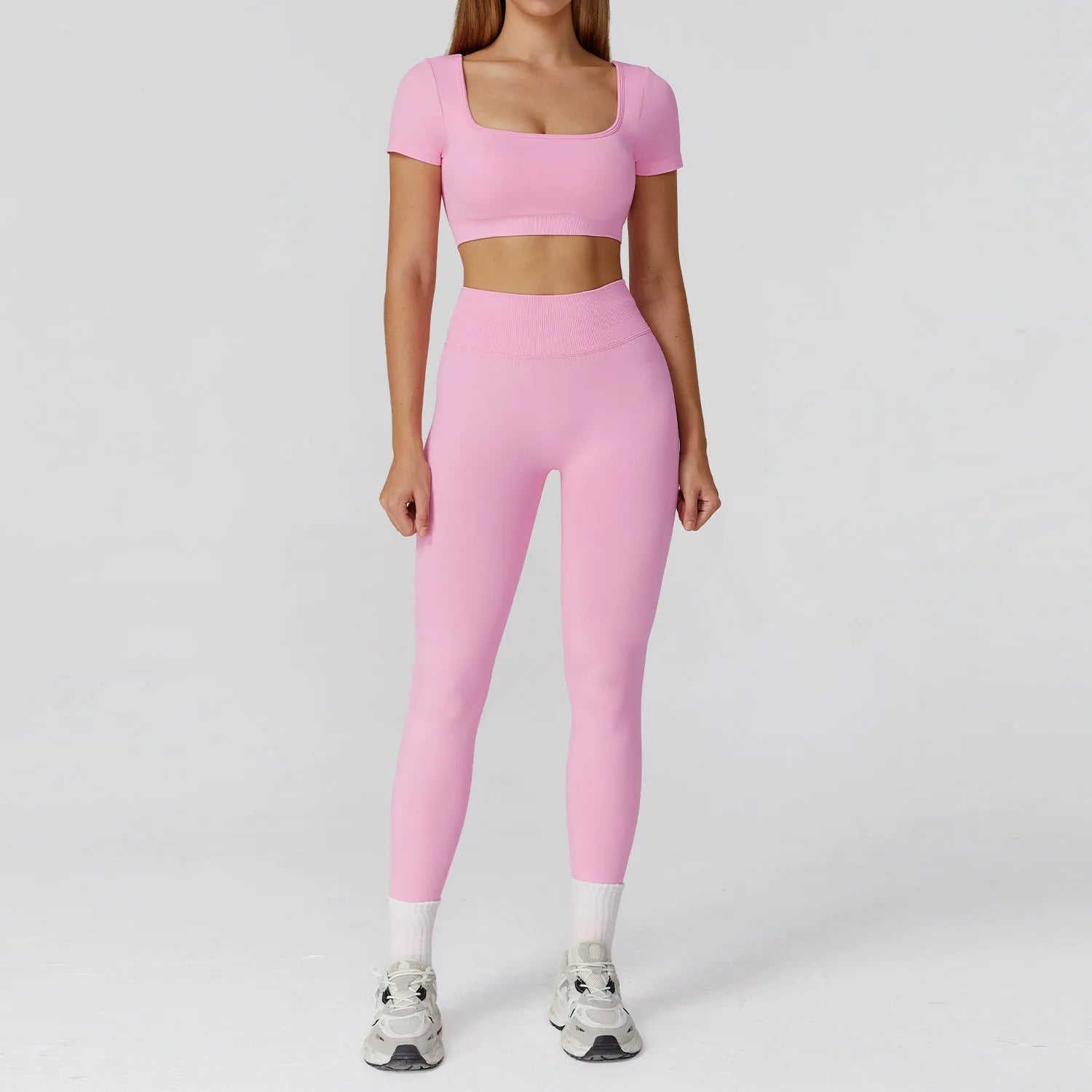 Seamless Hollowed-out High-waisted Yoga Short-sleeved Women's  Custom Yoga Long Pants Running and Fitness Set