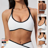 Yoga Bra Color Block Halter Sports Bra OEM Custom Logo Contrast Binding Open Back Wireless Padded Gym Crop Top