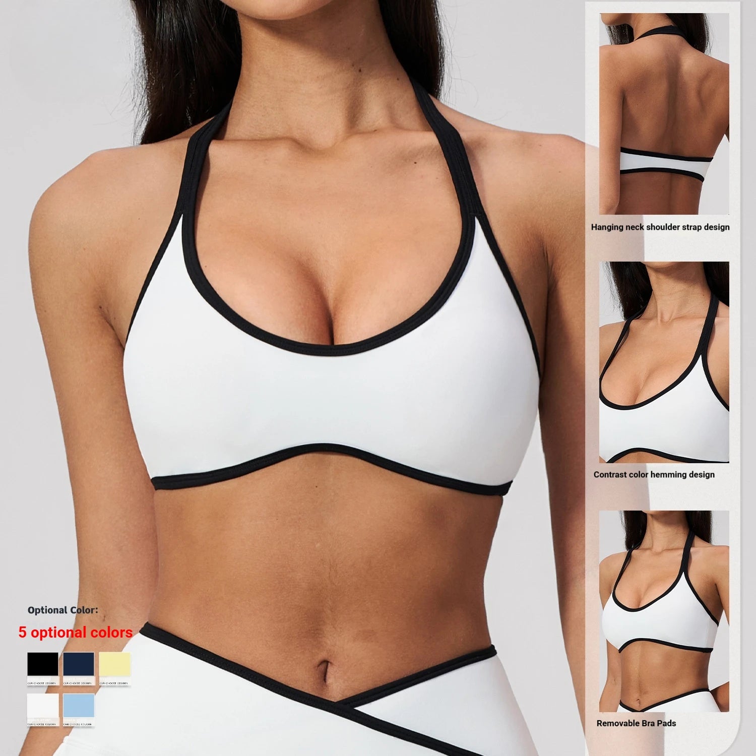 Yoga Bra Color Block Halter Sports Bra OEM Custom Logo Contrast Binding Open Back Wireless Padded Gym Crop Top