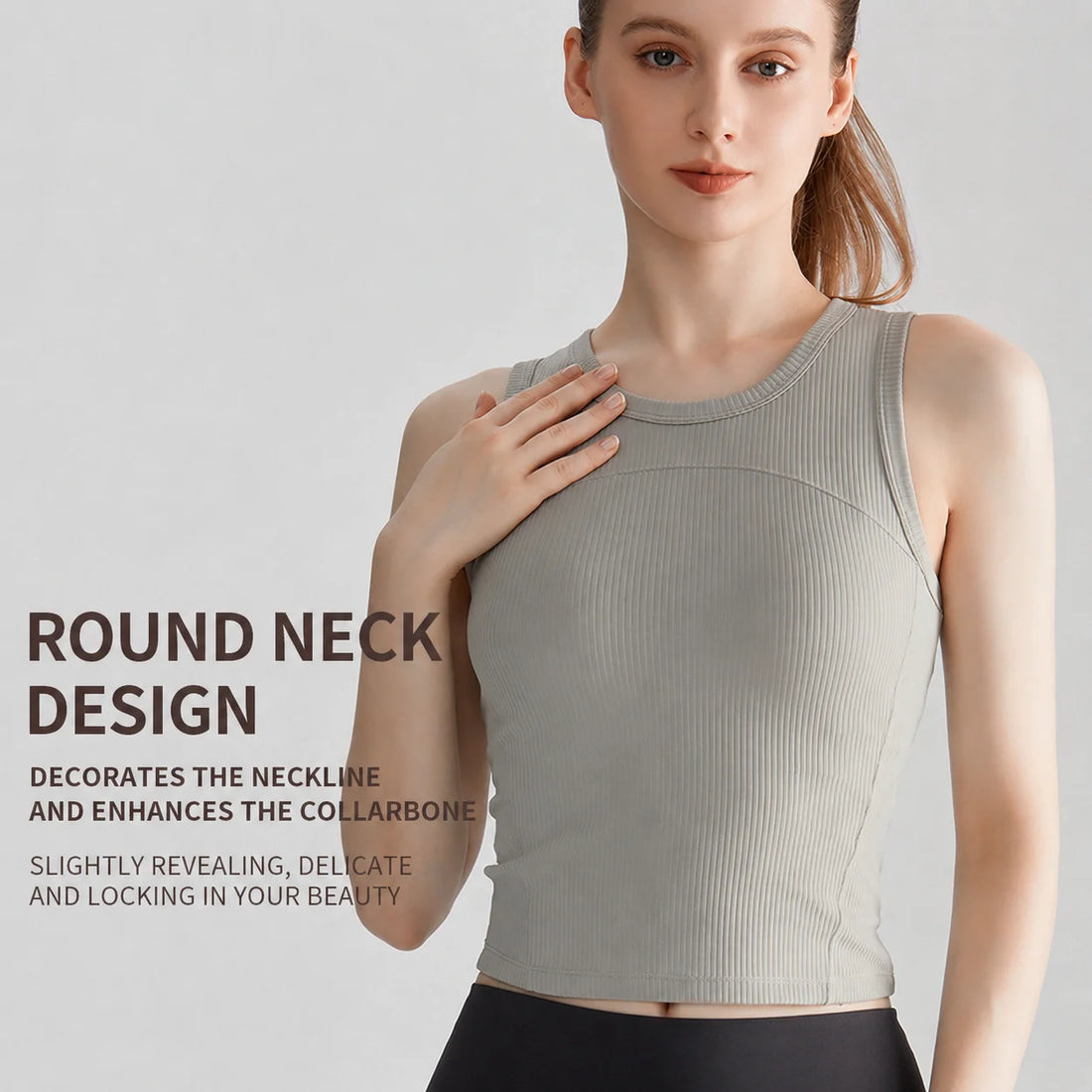 Custom Logo Ribbed Gym Crop Tank Top Crew Neck Sleeveless Workout Shirt Women Seamless Yoga Cami Activewear Tops