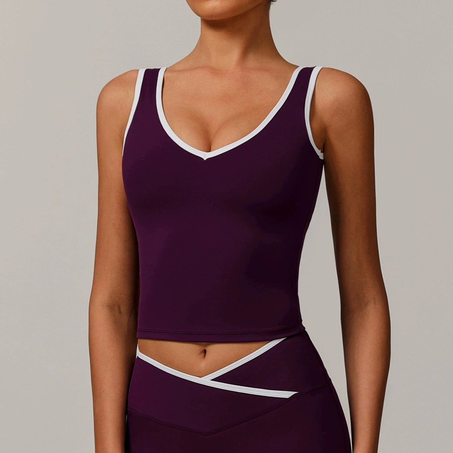 Contrast Binding Workout Tank Top Hollow V Back Padded Sports Bra Women Yoga Fitness Tops Para Mujeres Custom Logo