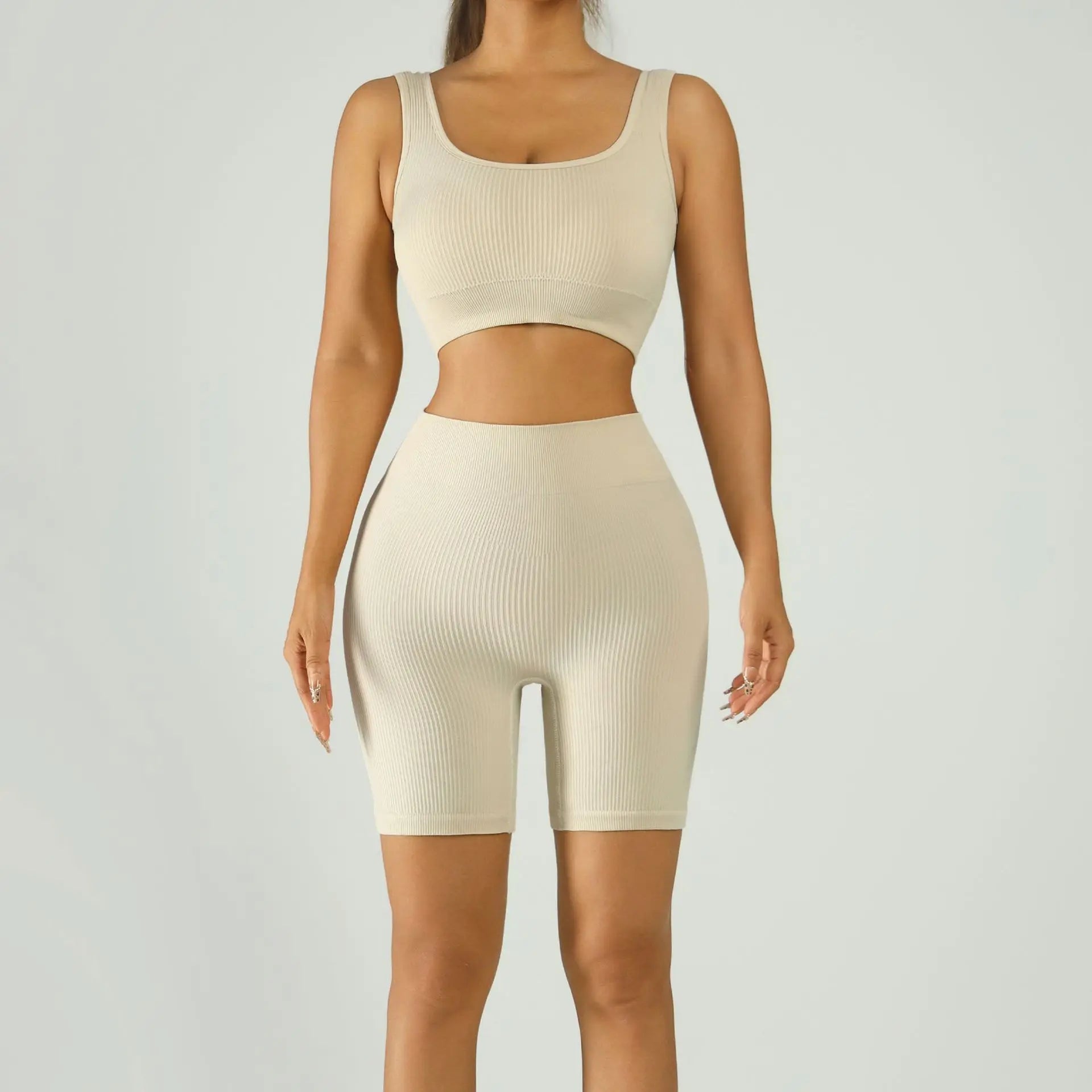 Ribbed Seamless Yoga Set Women U-Neck Sports Bra High Waist Biker Shorts 2 Piece Fitness Workout Set Wholesale