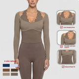 Four-Way Stretch Women's Activewear 2-Piece Yoga Set Halter Neck Long Sleeve Top High Waist Leggings Scalloped Workout
