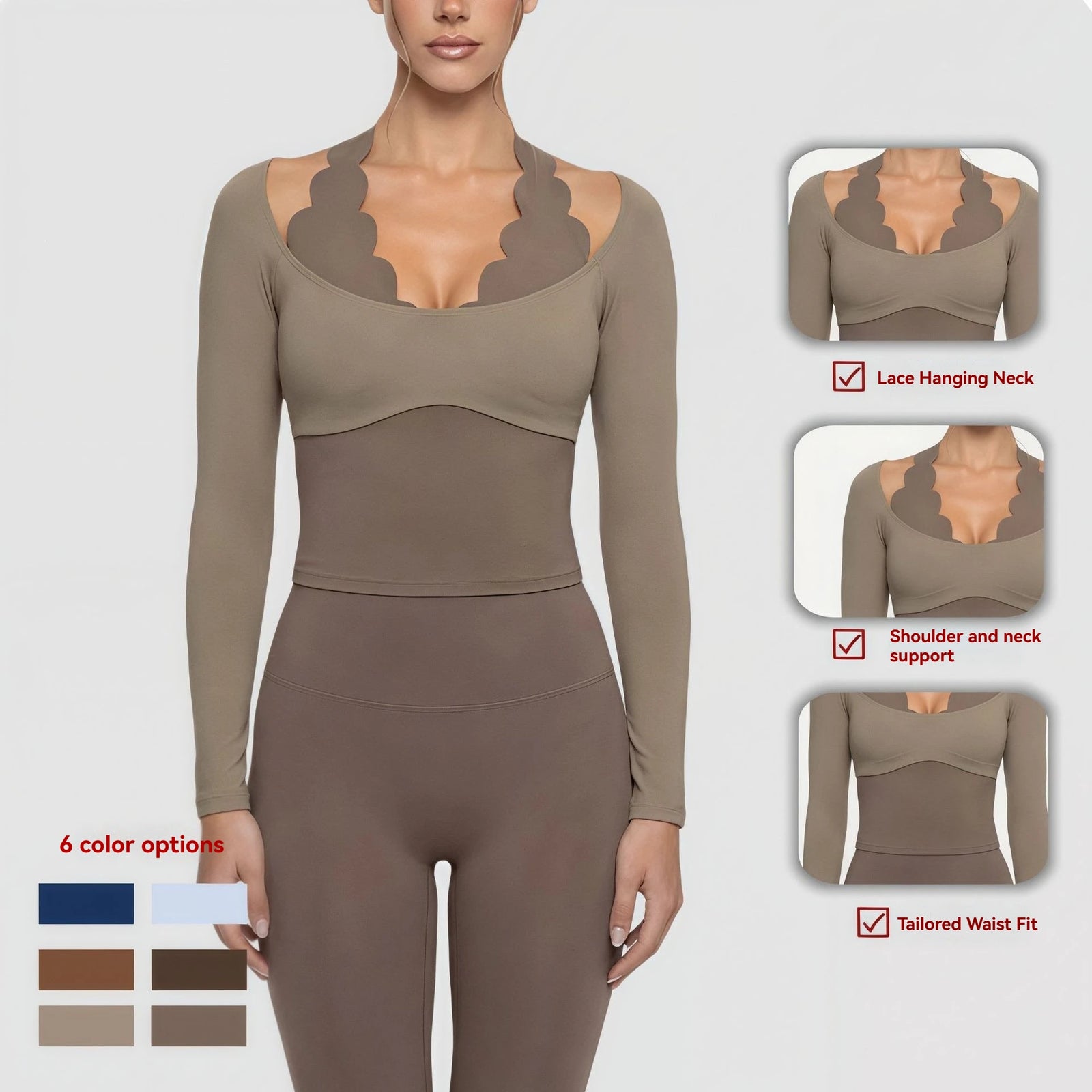 Four-Way Stretch Women's Activewear 2-Piece Yoga Set Halter Neck Long Sleeve Top High Waist Leggings Scalloped Workout
