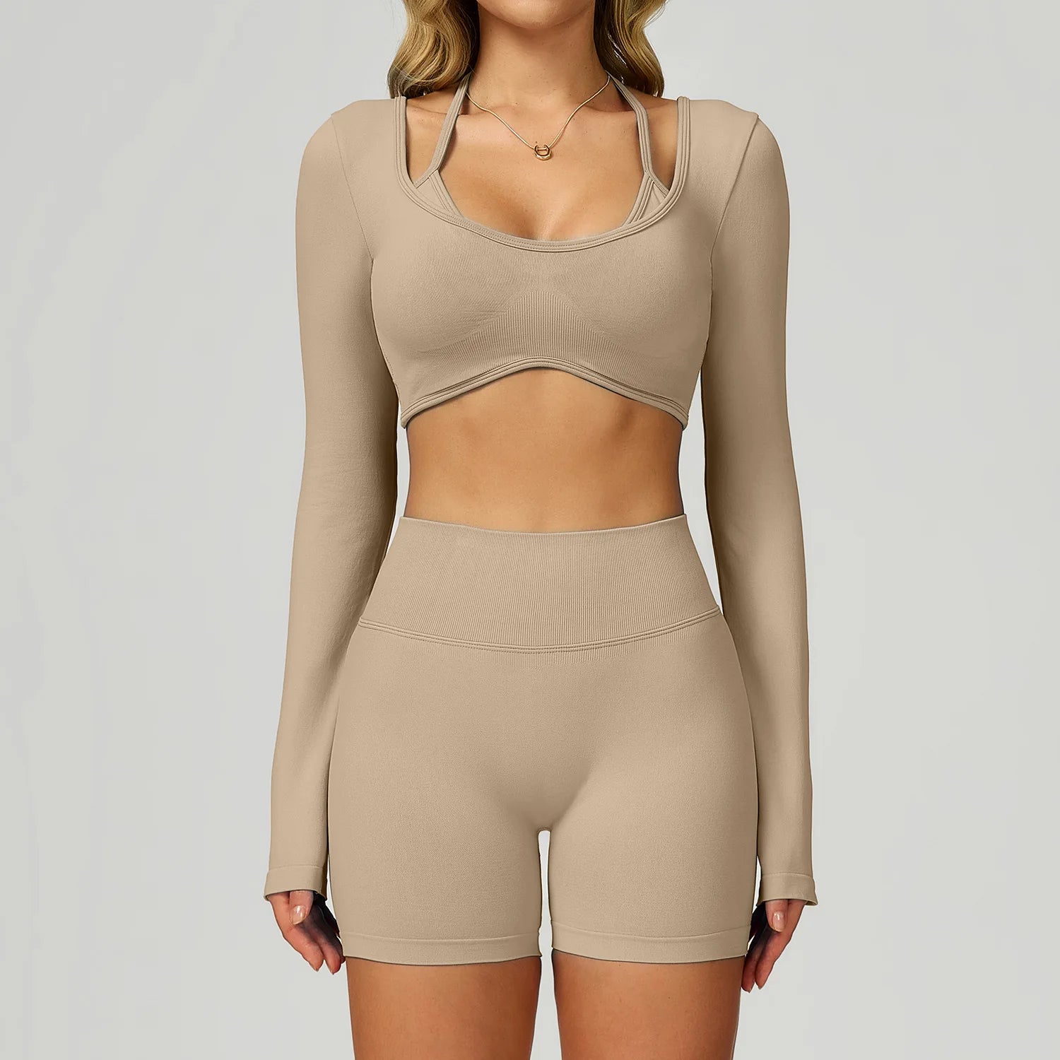 Wholesale Seamless Solid Sports Top Tight Scrunch Butt High Waist Elastic Waist Shorts Front 3 Piece Sportswear Gym Fitness Yoga