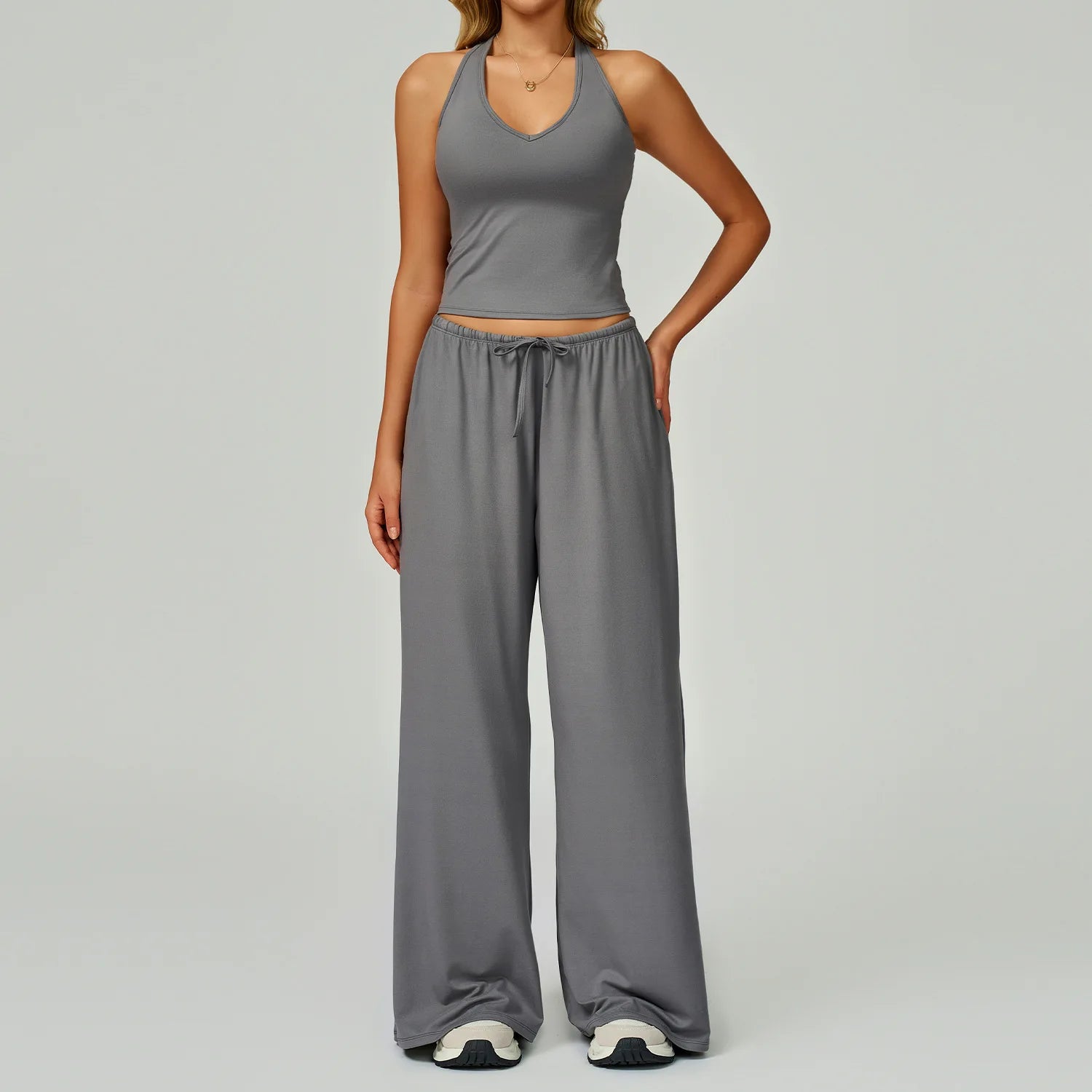 Solid Halter With T Strap Yoga Gym Sets Quick Dry Breathable Top Lightweight Loose Pants Women Summer Sports Outdoor Clothing