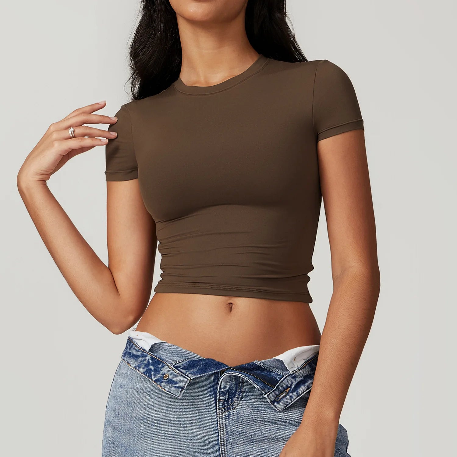 Custom Logo Women Crew Neck Yoga T Shirt Slim Fit Gym Crop Top Short Sleeve Workout Shirts Athletic Running Tee