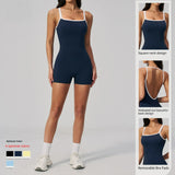Women's Colorblock Strappy Yoga Bodysuit Tummy Control Lift Cross-Back Workout Romper Moisture-Wicking Breathable Sports