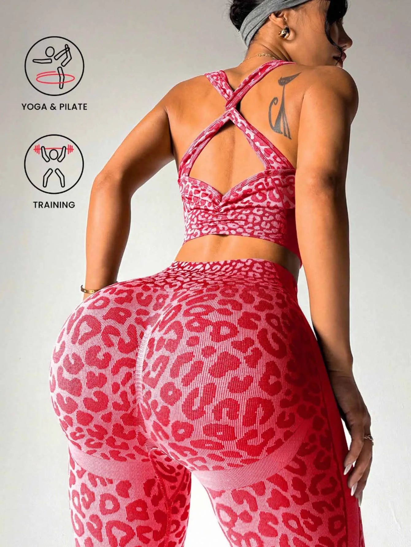Women Leopard Cross Back Sleeveless Yoga Apparel LightWeight Push Hip Leggings Yoga Set Quick Dry Active Wear Yoga Set