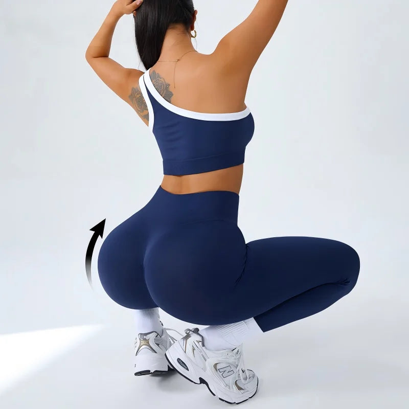 Yoga Set Women 2 Piece Set One Shoulder Contrast Trim Sports Bra High Waist Leggings Seamless Activewear Set