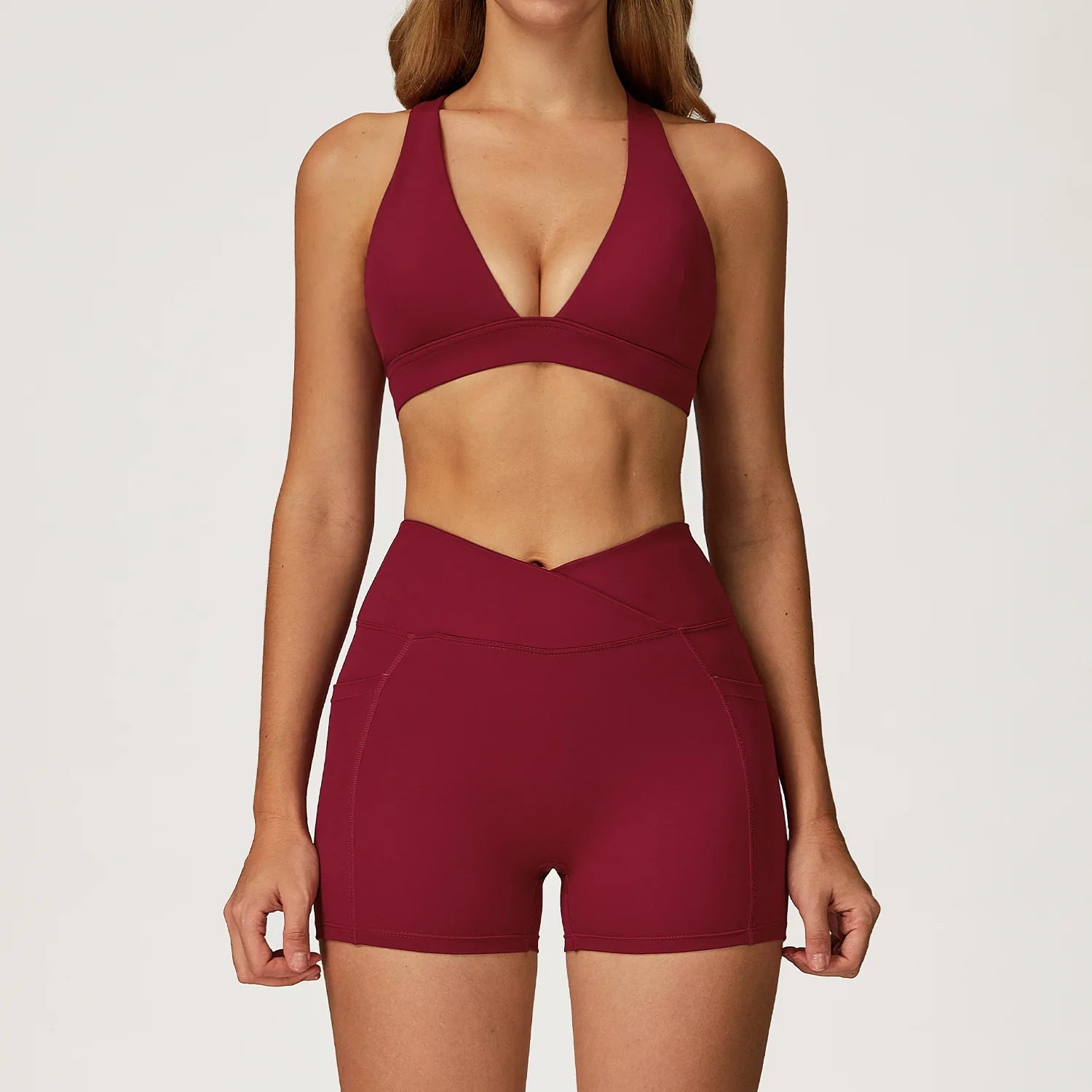 Women's Solid Athleisure 5-Piece Sports Bras+Gym Shorts+Yoga Leggings+Top Set Workout Clothes Sport Suit Front Logo