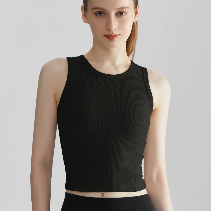 Custom Logo Ribbed Gym Crop Tank Top Crew Neck Sleeveless Workout Shirt Women Seamless Yoga Cami Activewear Tops