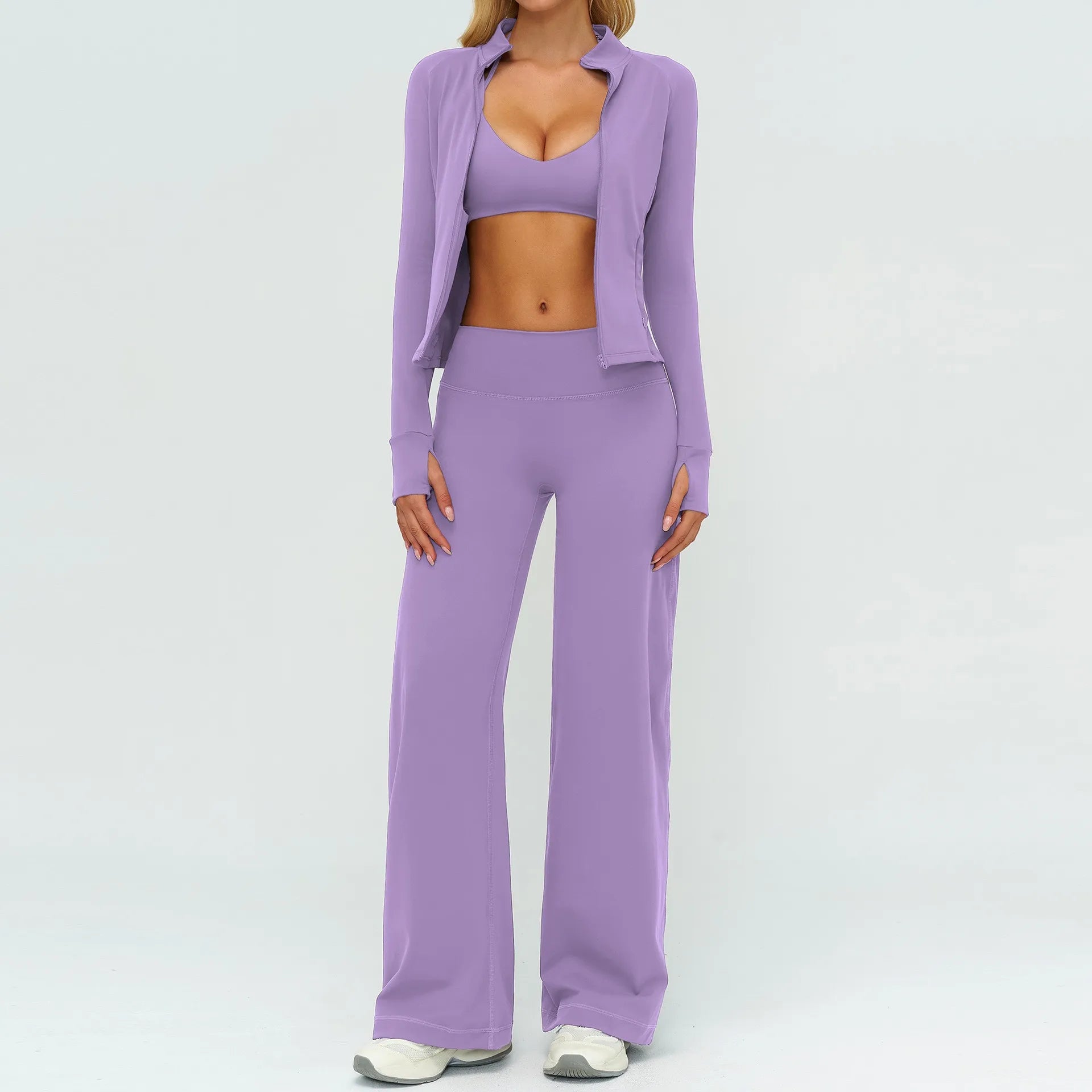 Women's Solid Breathable Racerback Workout Set Yoga Full Zip Jacket Sports Bra Wide Leg Pants 3-Piece 2026 New Fitness Custom