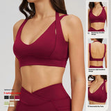 Women Halter Neck Strap Sports Bra Deep V Open Back Gym Crop Top Removable Padded Workout Yoga Bralette 5 Colors