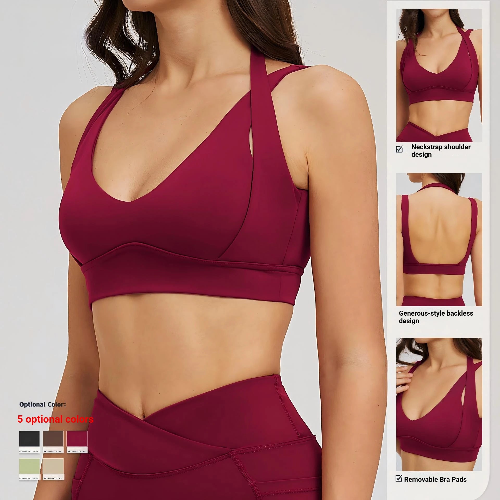 Women Halter Neck Strap Sports Bra Deep V Open Back Gym Crop Top Removable Padded Workout Yoga Bralette 5 Colors