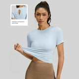 Wholesale Quick Dry Breathable Crew Neck Solid Back Hollow Out Cross short sleeve shirt tshirt women yoga top